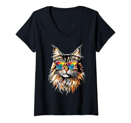 Damen Maine Coon Katze mit Sonnenbrille Süße Maine-Coon Katzen T-Shirt mit V-Ausschnitt Damen Maine Coon Katze mit Sonnenbrille Süße Maine-Coon Katzen T-Shirt mit V-Ausschnitt von Süßes Katzen Motiv für Maine Coon Liebhaber
