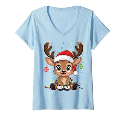 Damen Rentier süßer Weihnachtspullover Weihnachten lustig süß T-Shirt mit V-Ausschnitt Damen Rentier süßer Weihnachtspullover Weihnachten lustig süß T-Shirt mit V-Ausschnitt von Süßes Weihnachtsoutfit Weihnachtspullover Rentier