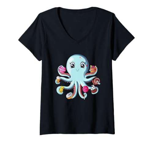 Damen Zuckertentakel Süßigkeiten Kuchen Zucker liebender Oktopus T-Shirt mit V-Ausschnitt von Süßes und Süßigkeit Liebhaber Naschkatzen Oktopus