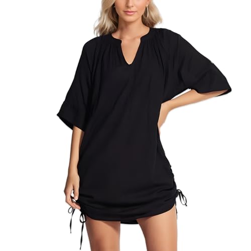 Suffolly Bikini Cover Up Damen Strandkleid Sommerkleid Badeanzug Strandtunika Strandponcho Einfarbig Sommerkleider mit V-Ausschnitt 3/4 Ärmel Schwarz,M von Suffolly
