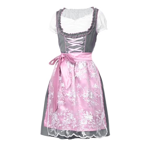 Suffolly Dirndl Set 3 Teilig Damen Midi Trachtenkleider Modern Trachtenkleid Set mit Trachtenrock Kleid, Dirndlbluse, Dirndlschürze für Oktoberfest (Grau, M) von Suffolly