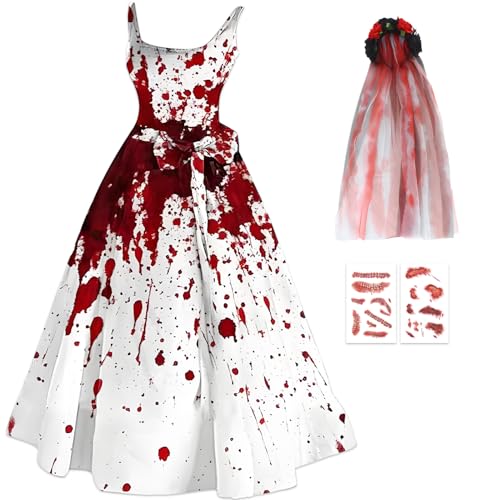 Suffolly Halloween Kleidung mit Blutigem Aufdruck Retro Mittelalter Kleidung Damen mit Blumenkranz Haare,Blutigen Aufklebern Lässig, Ärmellos Rockabilly Cocktailkleid Tunikakleider,L von Suffolly
