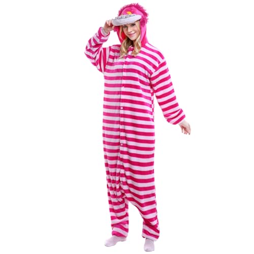 Suffolly Unisex Erwachsene Tier Pyjama Einteiliger Schlafanzug Damen Tier Kostüm Fleece Plüsch Kostüme Onesies Cosplay Schlafanzüge mit Kapuze Sleepsuit Halloween Karneval Rose, XL von Suffolly