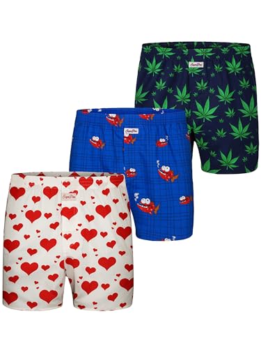 Sugar Pine Herren Boxershorts 3-Pack Motiv Print Mix - Herzen, Hanf, Piranha - Größe XXL von Sugar Pine