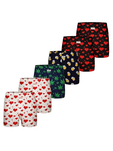 Sugar Pine Herren Boxershorts 6-Pack Motiv Print Mix - Herzen, Hanf, Bier - Größe M von Sugar Pine