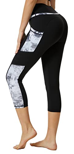 Sugar Pocket Damen-Yoga-Caprihose, Laufhose, Workout-Leggings, Bauchkontrolle, mit Seitentasche, Schwarz/Schwarz-Weiß-Druck, L von Sugar Pocket