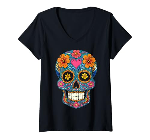 Damen Halloween-Zuckerschädel Calavera T-Shirt mit V-Ausschnitt von Sugar Skull Calavera Halloween Costumes Tees