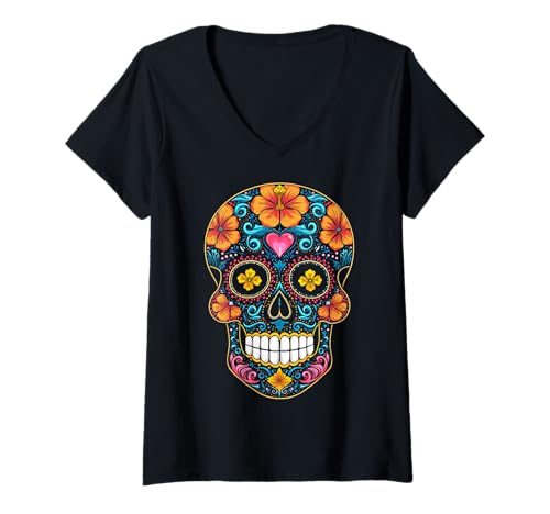 Damen Halloween-Zuckerschädel Calavera T-Shirt mit V-Ausschnitt von Sugar Skull Calavera Halloween Costumes Tees