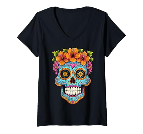 Damen Halloween-Zuckerschädel Calavera T-Shirt mit V-Ausschnitt von Sugar Skull Calavera Halloween Costumes Tees