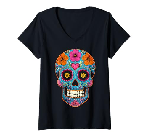 Damen Halloween-Zuckerschädel Calavera T-Shirt mit V-Ausschnitt von Sugar Skull Calavera Halloween Costumes Tees