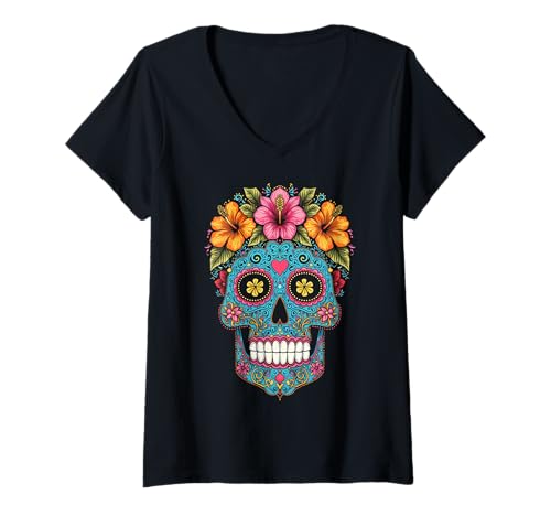 Damen Halloween-Zuckerschädel Calavera T-Shirt mit V-Ausschnitt von Sugar Skull Calavera Halloween Costumes Tees