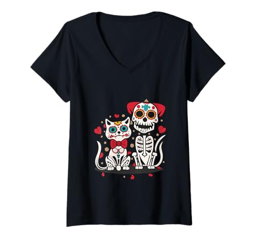 Damen Halloween Dia de los Muertos Sugar Skull Skelett Hunde & Katze T-Shirt mit V-Ausschnitt Damen Halloween Dia de los Muertos Sugar Skull Skelett Hunde & Katze T-Shirt mit V-Ausschnitt von Sugar Skull Cat and Dog Halloween Day of Dead tees