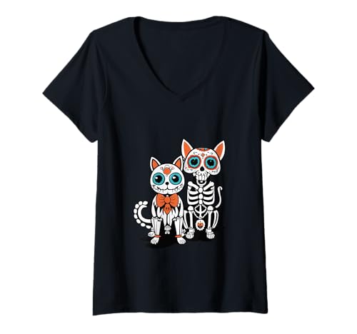 Damen Halloween Dia de los Muertos Sugar Skull Skelett Hunde & Katze T-Shirt mit V-Ausschnitt von Sugar Skull Cat and Dog Halloween Day of Dead tees