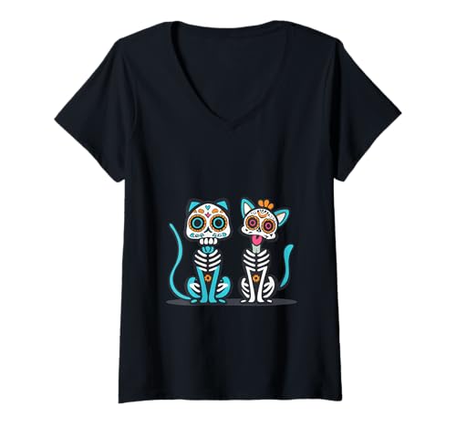 Damen Halloween Dia de los Muertos Sugar Skull Skelett Hunde & Katze T-Shirt mit V-Ausschnitt von Sugar Skull Cat and Dog Halloween Day of Dead tees