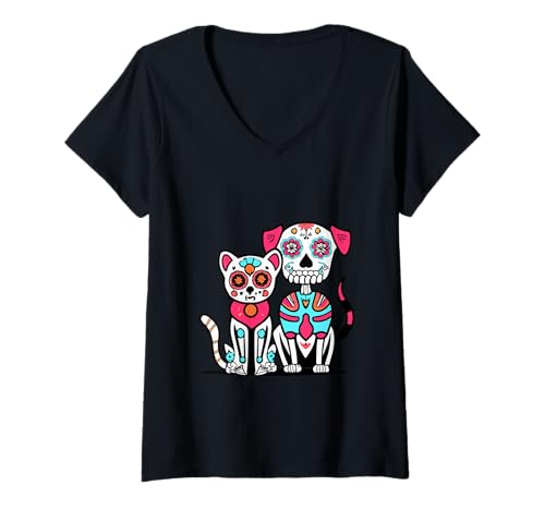 Damen Halloween Dia de los Muertos Sugar Skull Skelett Hunde & Katze T-Shirt mit V-Ausschnitt Damen Halloween Dia de los Muertos Sugar Skull Skelett Hunde & Katze T-Shirt mit V-Ausschnitt von Sugar Skull Cat and Dog Halloween Day of Dead tees