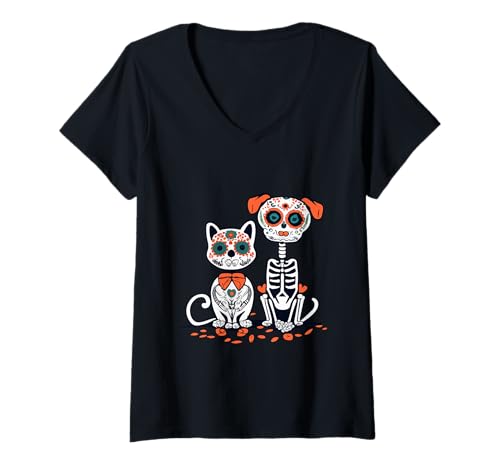 Damen Halloween Dia de los Muertos Sugar Skull Skelett Hunde & Katze T-Shirt mit V-Ausschnitt Damen Halloween Dia de los Muertos Sugar Skull Skelett Hunde & Katze T-Shirt mit V-Ausschnitt von Sugar Skull Cat and Dog Halloween Day of Dead tees