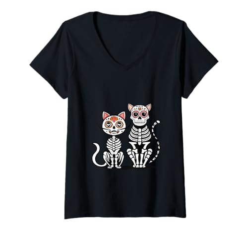 Damen Halloween Dia de los Muertos Sugar Skull Skelett Hunde & Katze T-Shirt mit V-Ausschnitt Damen Halloween Dia de los Muertos Sugar Skull Skelett Hunde & Katze T-Shirt mit V-Ausschnitt von Sugar Skull Cat and Dog Halloween Day of Dead tees