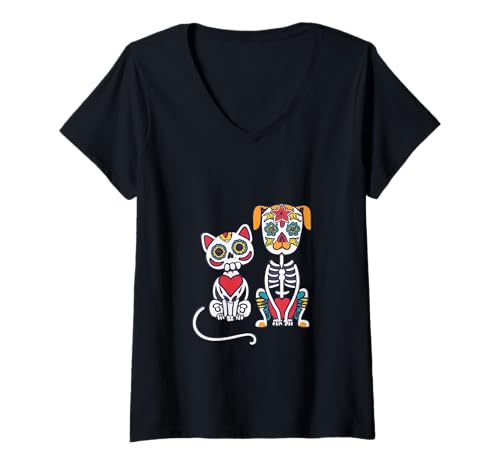 Damen Halloween Dia de los Muertos Sugar Skull Skelett Hunde & Katze T-Shirt mit V-Ausschnitt Damen Halloween Dia de los Muertos Sugar Skull Skelett Hunde & Katze T-Shirt mit V-Ausschnitt von Sugar Skull Cat and Dog Halloween Day of Dead tees
