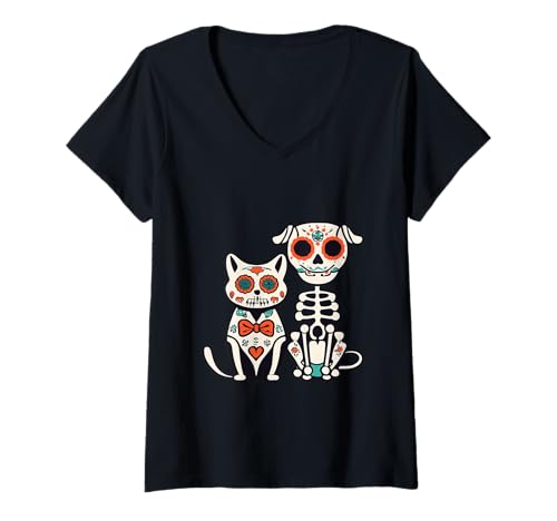 Damen Halloween Dia de los Muertos Sugar Skull Skelett Hunde & Katze T-Shirt mit V-Ausschnitt von Sugar Skull Cat and Dog Halloween Day of Dead tees