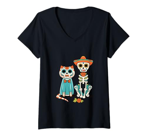 Damen Halloween Dia de los Muertos Sugar Skull Skelett Hunde & Katze T-Shirt mit V-Ausschnitt von Sugar Skull Cat and Dog Halloween Day of Dead tees