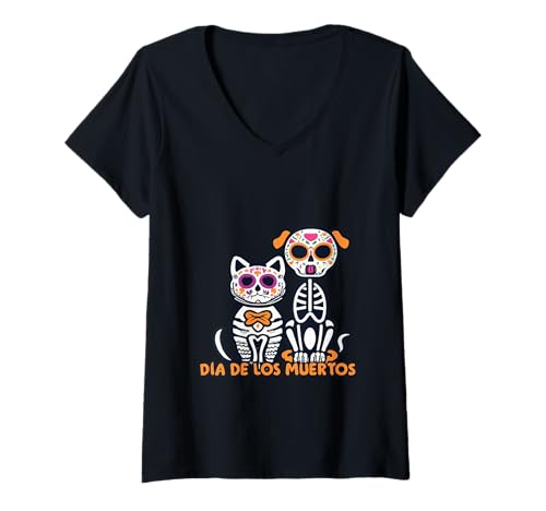 Damen Halloween Dia de los Muertos Sugar Skull Skelett Hunde & Katze T-Shirt mit V-Ausschnitt von Sugar Skull Cat and Dog Halloween Day of Dead tees