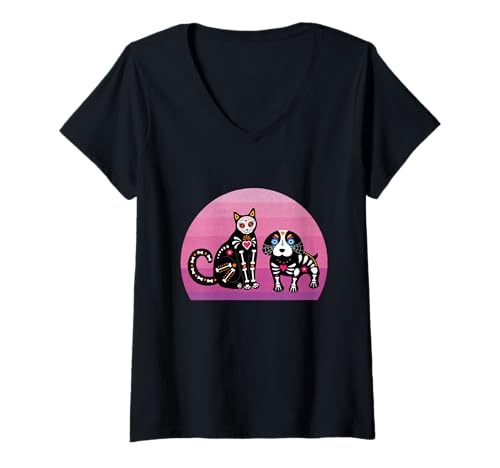 Damen Sugar Skull Katze und Hund Retro Tag der Toten Halloween Mexikaner T-Shirt mit V-Ausschnitt von Sugar Skull Cat and Dog Halloween Day of Dead tees