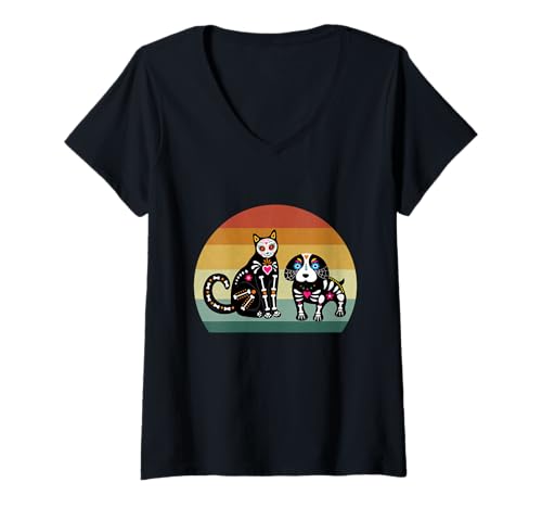 Damen Sugar Skull Katze und Hund Retro Tag der Toten Halloween Mexikaner T-Shirt mit V-Ausschnitt Damen Sugar Skull Katze und Hund Retro Tag der Toten Halloween Mexikaner T-Shirt mit V-Ausschnitt von Sugar Skull Cat and Dog Halloween Day of Dead tees
