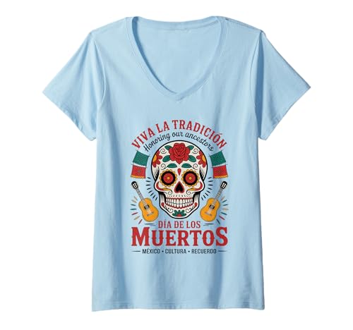 Damen Mexikanisches Erbe – Día de los Muertos Calavera & Gitarre T-Shirt mit V-Ausschnitt Damen Mexikanisches Erbe – Día de los Muertos Calavera & Gitarre T-Shirt mit V-Ausschnitt von Sugar Skull Culture Viva la Mexican Tradicion