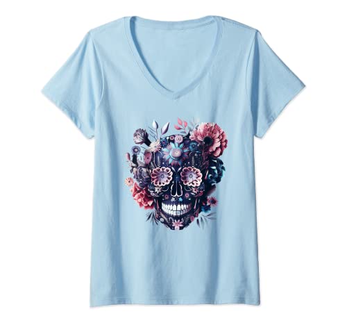 Damen Bunter Mexikanischer Totenschädel Muster Blumen Halloween T-Shirt mit V-Ausschnitt Damen Bunter Mexikanischer Totenschädel Muster Blumen Halloween T-Shirt mit V-Ausschnitt von Sugar Skull & Dia de los Muertos I GRAPHIC TRENDS