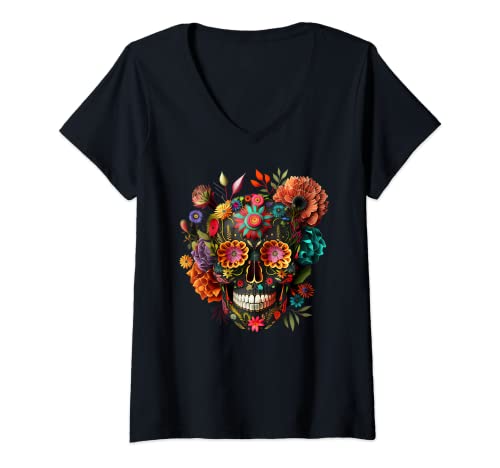 Damen Bunter Mexikanischer Totenschädel Muster Blumen Halloween T-Shirt mit V-Ausschnitt von Sugar Skull & Dia de los Muertos I GRAPHIC TRENDS