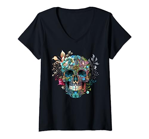 Damen Bunter Mexikanischer Totenschädel Muster Blumen Halloween T-Shirt mit V-Ausschnitt von Sugar Skull & Dia de los Muertos I GRAPHIC TRENDS