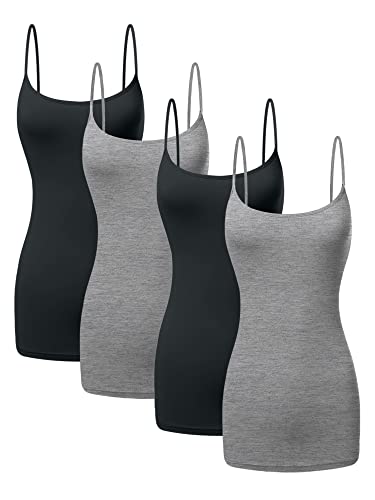 Langes Baumwoll-Mieder, Spaghettiträger-Tanktop für Damen, Basic-Cami-Tops, Damen-Unterhemden – Packung 1–4 Stück, 4er-Pack – 2 x Schwarz, 2 x Grau meliert, Klein von Sugar Sunday