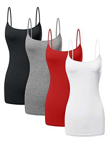 Sugar Sunday Langes Baumwoll-Camisole Spaghettiträger Tank Top für Frauen Basic Cami Tops Damen Unterhemden Pack 1–4, 4er-Pack – Schwarz, H Grau, Rot, Weiß, Mittel von Sugar Sunday