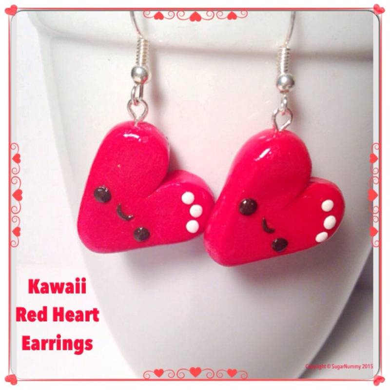 Herz-Ohrringe, Herz Geformt, Polymer Clay Charms, Rote Ohrringe, Kleine Ton Herzen, Kawaii Schmuck, Silber Liebe Geschenk, Süße Gesichter von SugarNummy