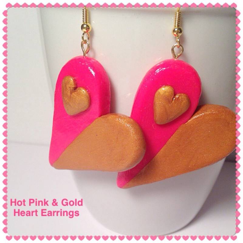 Herz Ohrringe, Rosa Und Gold, Heiße Schmuck, Gold-Ohrringe, Herzförmige, Polymer Clay Herzen, Goldschmuck, Zwei Getönten, Kawaii von SugarNummy