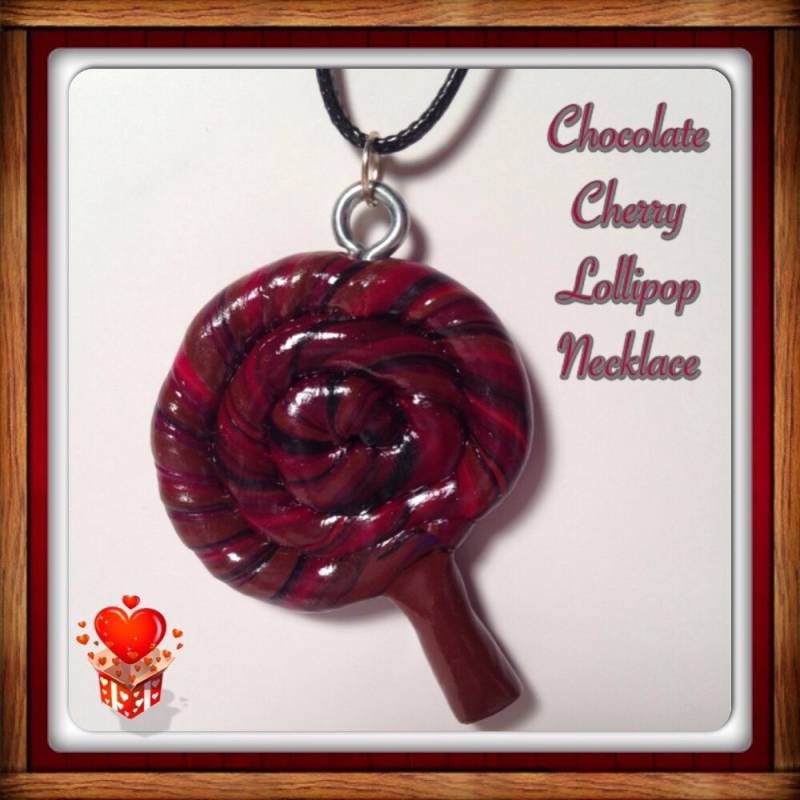 Lollipop Halskette, Schokolade Kirsche, Candy Polymer Clay, Kawaii Clay Charms, Kleines Ton Essen, Schmuck, Silberkette von SugarNummy