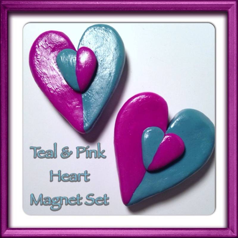 Polymer Clay Petrol & Rosa Herz Magnet Set - Herz-Magnete Türkis Magenta Ton Home Decor Geformt Kawaii Charms Niedlich von SugarNummy