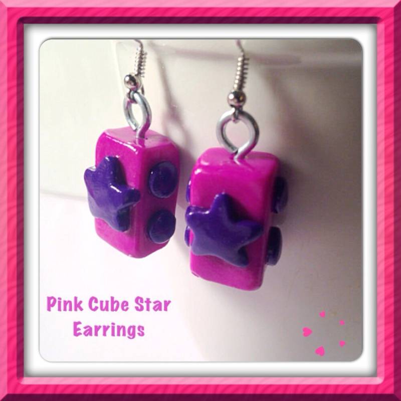 Rosa Ohrringe, Stern Schmuck, Würfel, Würfel Geformt, Kawaii Clay Charms, Polymer-Ton, Und Lila, Stars, Silber Niedlich von SugarNummy