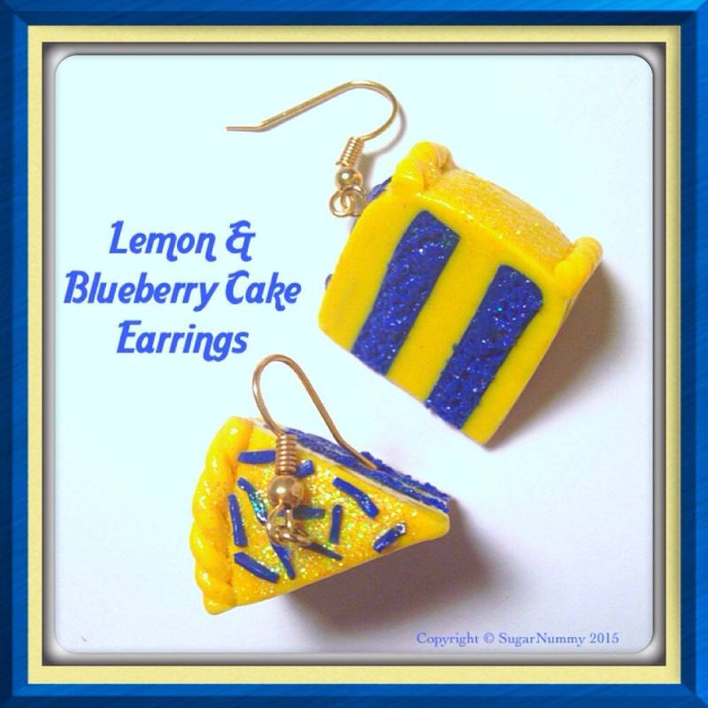 Zitrone Kuchen Ohrringe, Blaubeere, Scheibe Schmuck, Polymer Clay, Kawaii Ton Anhänger, Kleines Essen, Gold Bäckerei Geschenk, Niedlich von SugarNummy