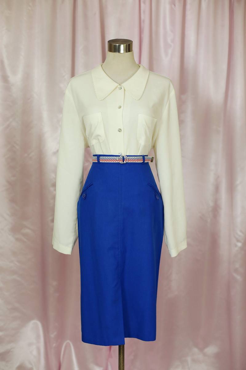 70Er Jahre Bleistiftrock in Royalblau Mit Gürtel von Sugarcanethelabel