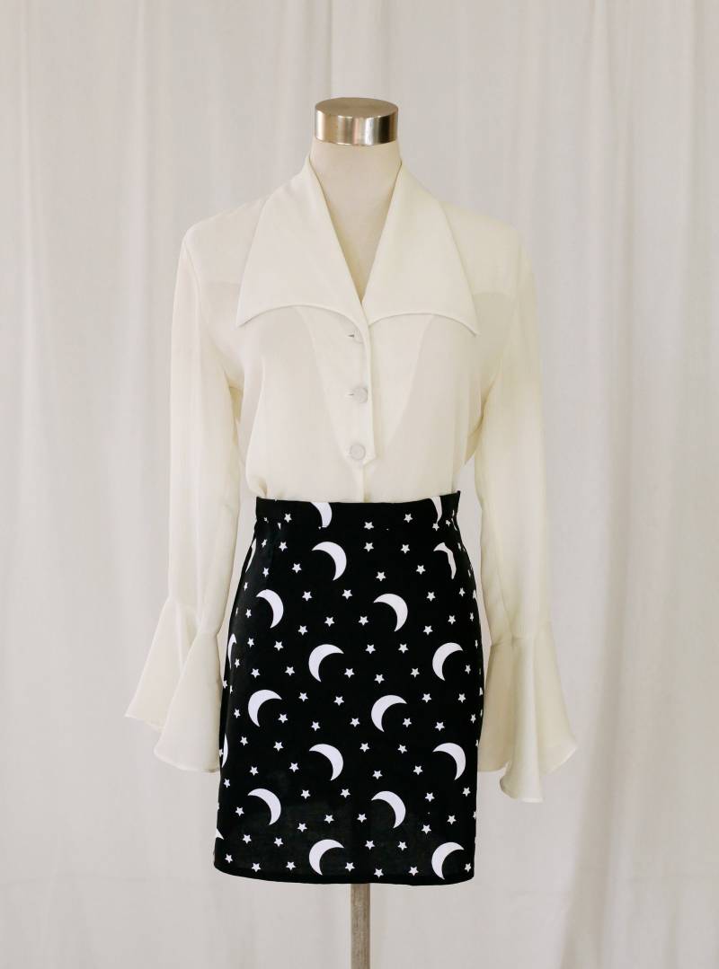 90S Schwarz Weißer Stern Und Mond Print Bleistift Rock von Sugarcanethelabel