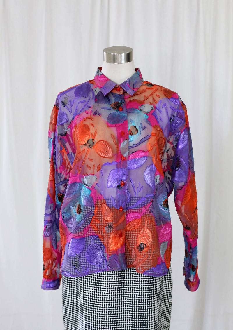 Lila, Orange Und Pink Semi Transparent 0Er Jahre Vintage Bluse Mit Knöpfen, Langen Ärmeln U von Sugarcanethelabel