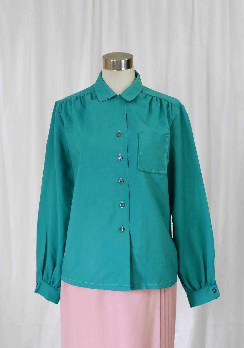 Vintage 80Er Jahre Aqua Button Up Shirt Langarm von Sugarcanethelabel