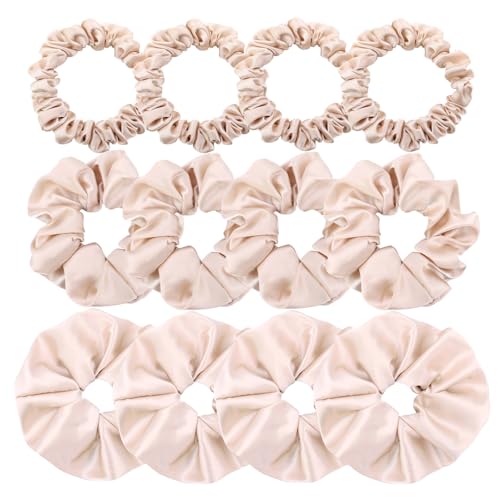 12 Stück Premium Satin Seide Scrunchies Haargummis für alle Haartypen Frauen Mädchen Pferdeschwanzhalter Elastische Haarbänder Scrunchy Zubehör (Mix 3 Größen Beige) von Sugarmelon