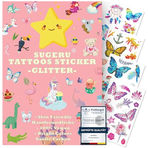 SUGERU® 100+ Tattoo Kinder Hautfreundlich,Glitzer Tattoos Aufkleben Sticker Kids Kinder Mädchen,Mitgebsel Kindergeburtstag//Sojabohnenextrakt–Natürliche Sichere Inhaltsstoffe (Schmetterling) von Sugeru