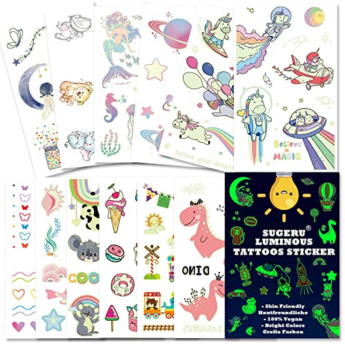 Sugeru® 100+Tattoo Kinder Hautfreundlich,Leuchtende Tattoos Aufkleben Sticker Kids,Kinder Tattoo Jungen Mädchen,Mitgebsel Kindergeburtstag/Sojabohnenextrakt–Natürliche Inhaltsstoffe(leuchtend-Mix Ⅱ) von Sugeru