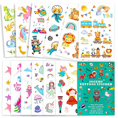 Sugeru® 100+ Tattoo Kinder Hautfreundlich,Bunter Mix Tatoos Aufkleben Sticker Kids,Kinder Tattoos Jungen Mädchen,Mitgebsel Kindergeburtstag//Sojabohnenextrakt–Natürliche Sichere Inhaltsstoffe (MixⅠ) von Sugeru