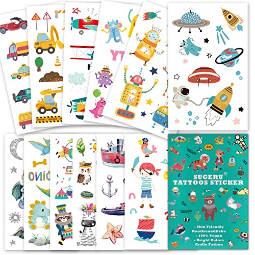 Sugeru® 100+ Tattoo Kinder Hautfreundlich,Bunter Mix Tatoos Aufkleben Sticker Kids,Kinder Tattoos Jungen Mädchen,Mitgebsel Kindergeburtstag//Sojabohnenextrakt–Natürliche Sichere Inhaltsstoffe (Mix Ⅱ) von Sugeru