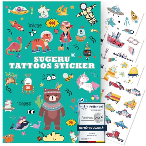 Sugeru 100+ Tattoo Kinder Hautfreundlich,Bunter Mix Tatoos Aufkleben Sticker Kids,Kinder Tattoos Jungen Mädchen,Mitgebsel Kindergeburtstag - Pflanzenextrakt-Farbe(Mix Ⅱ) von Sugeru
