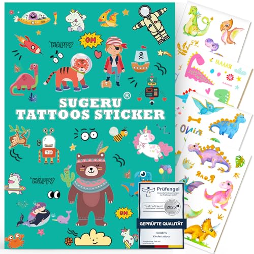 Sugeru 100+ Tattoo Kinder Hautfreundlich,Dinosaurier Tatoos Aufkleben Sticker Kids,Kinder Tattoos Jungen Mädchen,Mitgebsel Kindergeburtstag//Sojabohnenextrakt–Natürliche Sichere Inhaltsstoffe (Dinos) von Sugeru